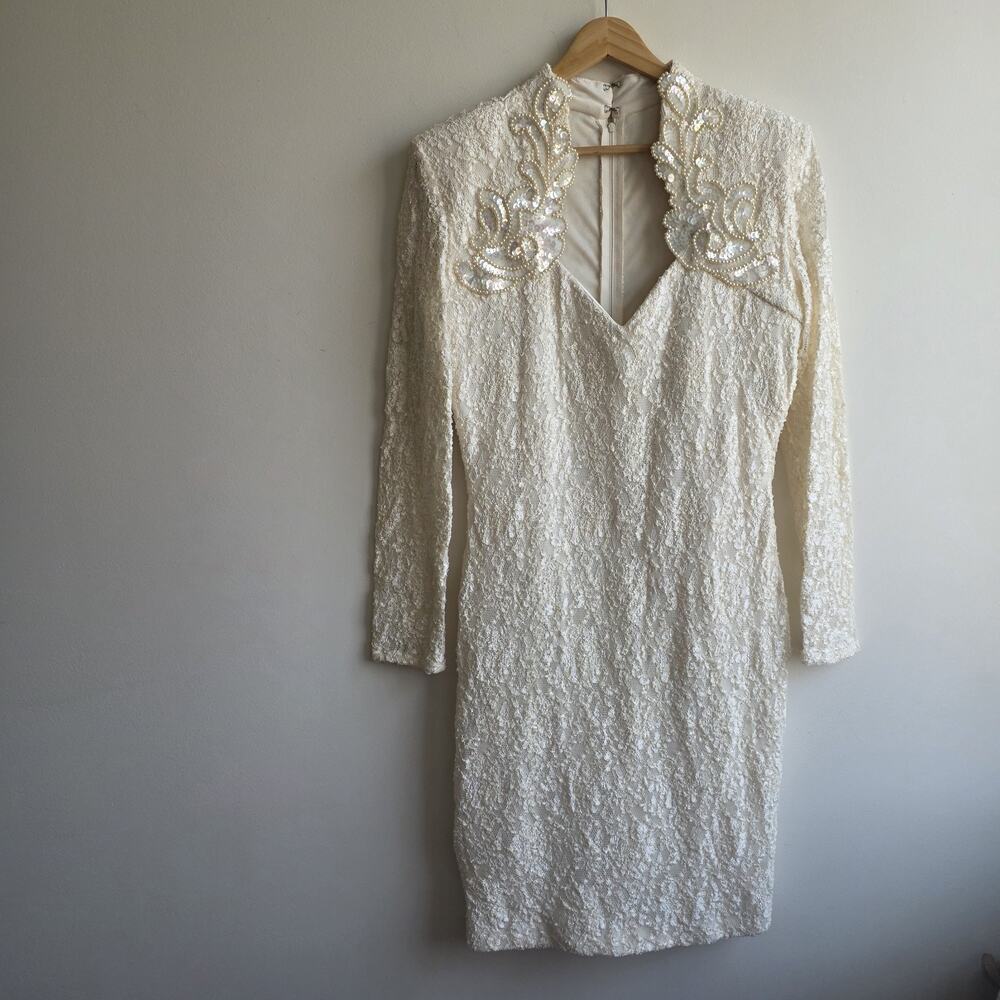 Vtg Beaded Lace Art‎ Deco Midi Ivory Wedding Dress Rehearsal Size 14 Coquette